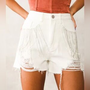 Blue B Ultra High Rise White Rhinestone Fringe Shorts Size L
New with tags